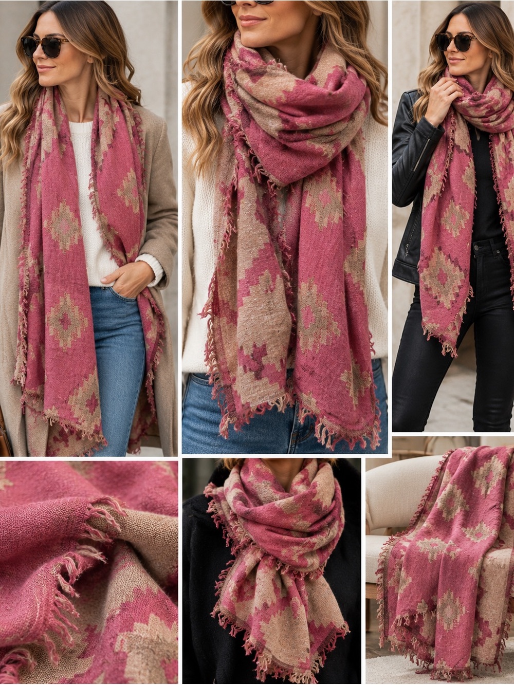 Aritzia Wilfred Diamond Mosaic Oversized Blanket Scarf 100% Wool Berry/Beige